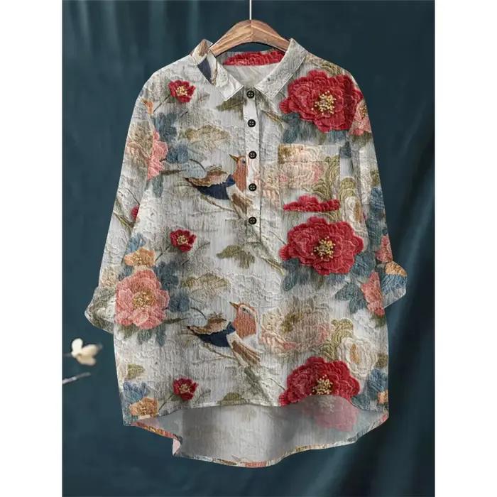 Chemisier élégant à imprimé floral pour femmes, style fille Mori, polyester et élasthanne, pour les saisons entières, occassions spéciales et looks quotidiens