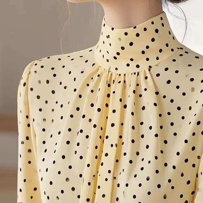 2025 nouveau printemps été à la mode à pois demi-hauteur col à manches longues Blouse dames