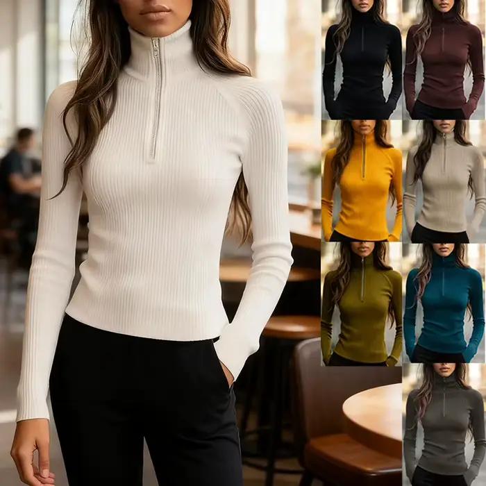 Haut tricoté élégant col semi-montant zipé pour femme printemps coupe ajustée manches longues couleur unie