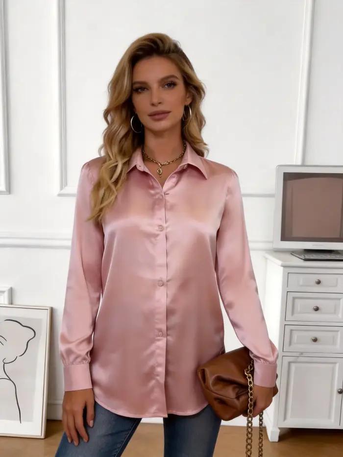 Chemisier en satin rose de style européen pour femme - Manches longues