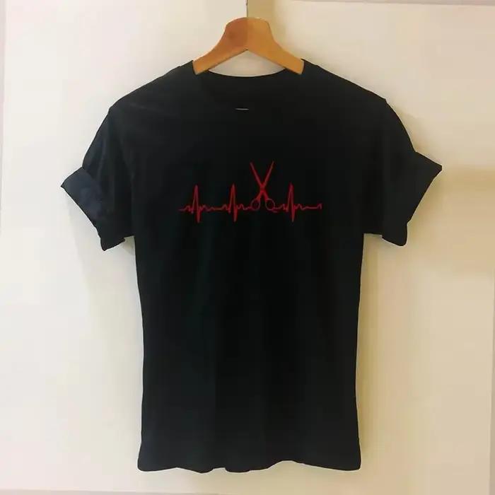 T-shirt de coiffeuse en polyester, motif ciseaux, décontracté pour femmes et filles, col rond, couleurs variées, ajustement confortable, usage quotidien et professionnel