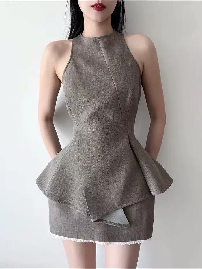 Haut sans manches asymétrique élégant et professionnel en polyester, lin, élasthanne et viscose pour femmes, idéal pour le bureau et les occasions spéciales