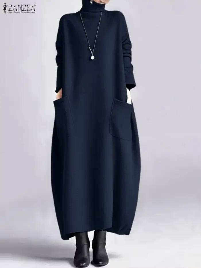 Robe ZANZEA col roulé à manches longues polyester solide pour femmes automne hiver confortable style mode et décontracté occasions spéciales