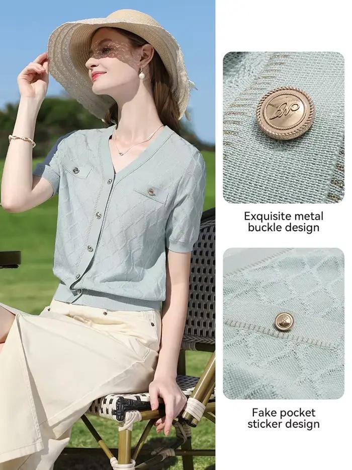 Je vous crois vert français parfumé carré tricoté pull été 2025 fausse poche Patch hauts simple boutonnage