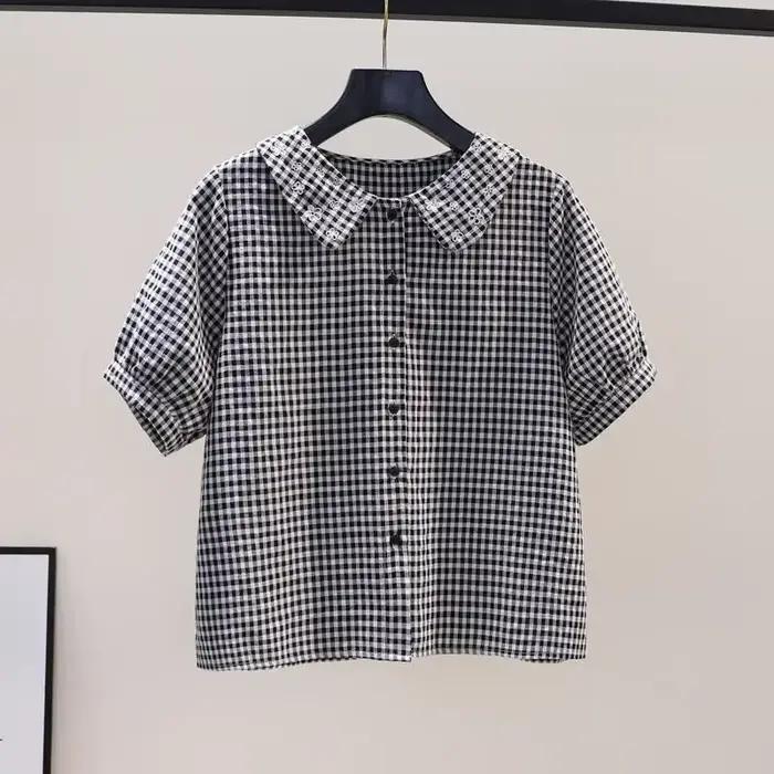 Chemise en coton à manches courtes pour femmes, à carreaux, brodée de fleurs