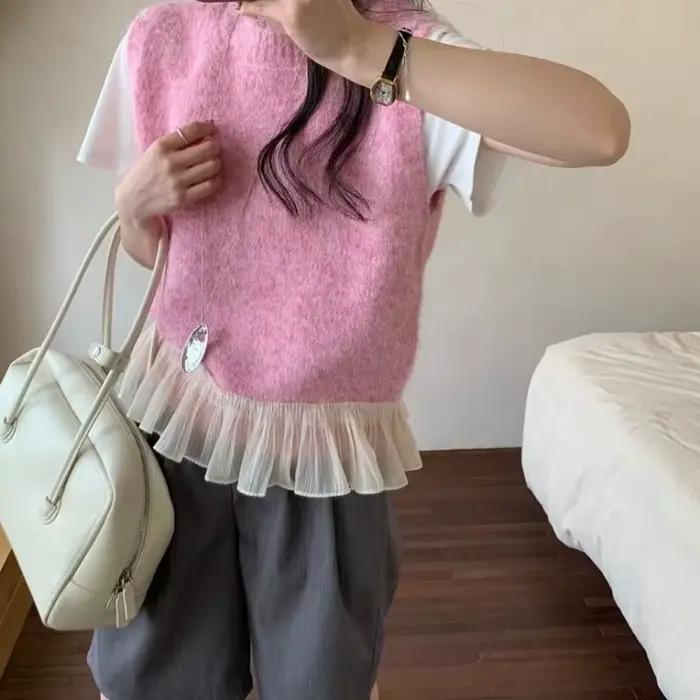 Gilet en tricot sans manches femme avec dentelle à volants et empiècements coupe ample style preppy pour toutes saisons occasions spéciales