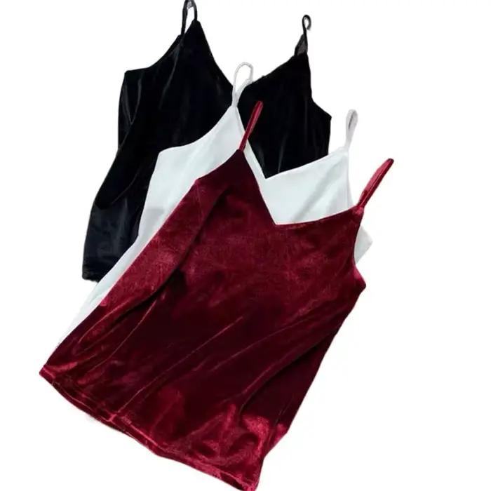 Camisole en velours pour femme, col en V, bretelles spaghetti, vintage, sexy, élégant, décontracté, printemps été
