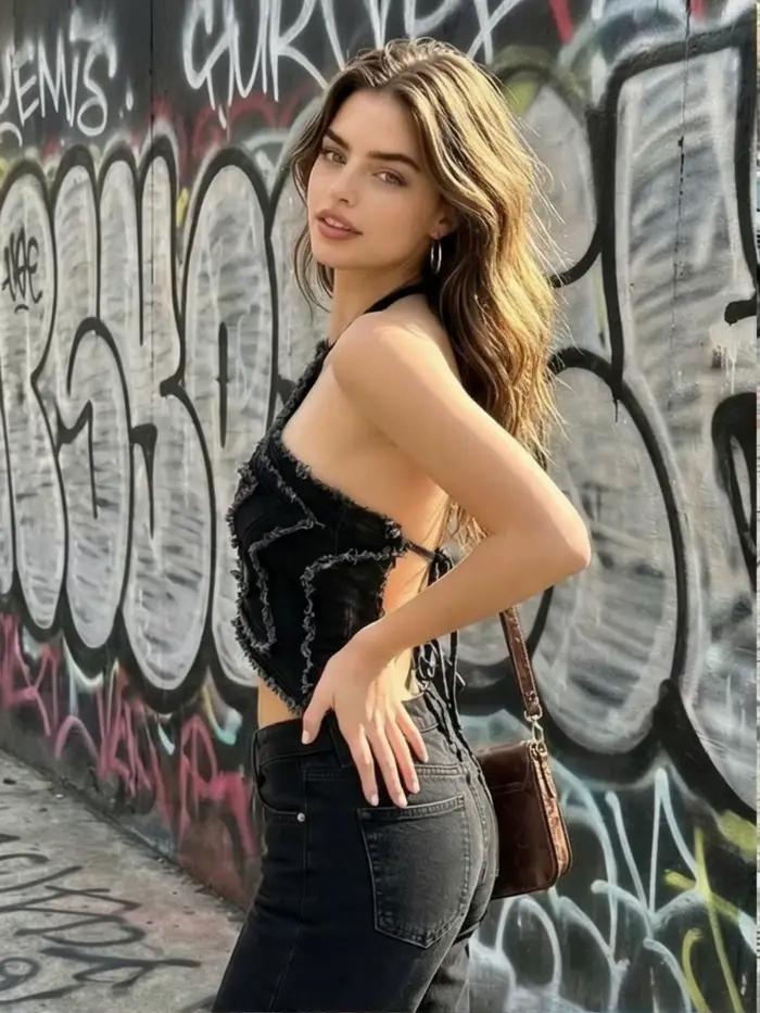 Top Halter en Denim Dégradé Style Rétro Américain