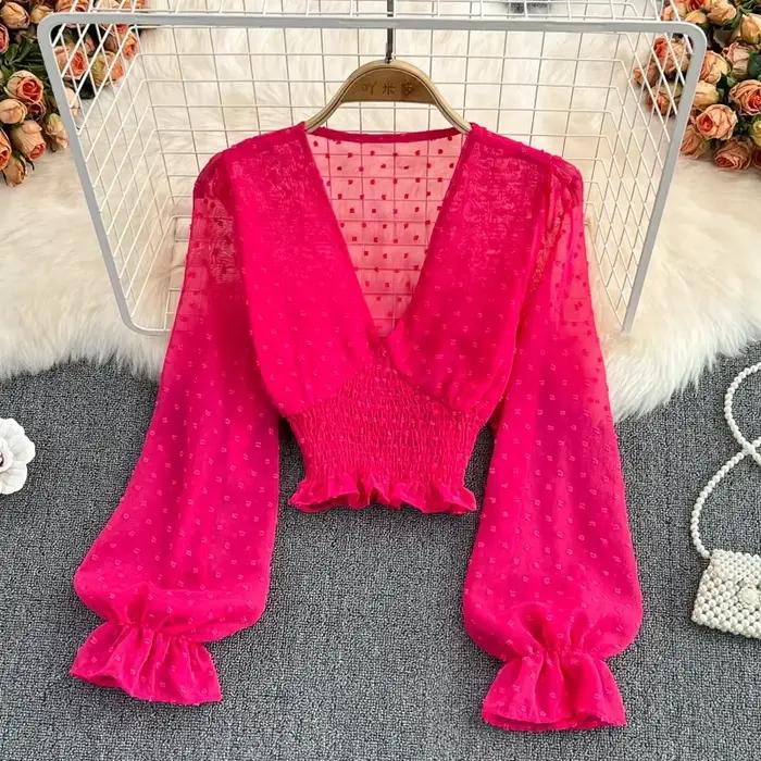 Blusas femme à manches longues haut court Blouses femmes Blusa Feminina à pois col en V Blouse
