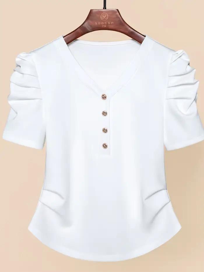 T-Shirt de Luxe à Col en V et Manches Bouffantes pour Femme
