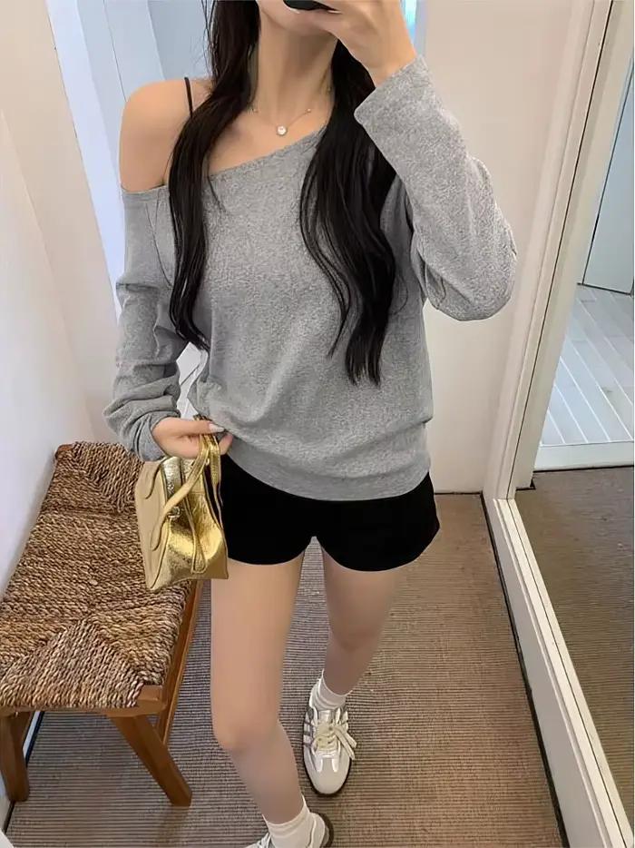 Hors de l'épaule à manches longues t-shirt femmes printemps automne lâche Sexy une épaule haut dame décontracté basique t-shirts école Preppy Blouse