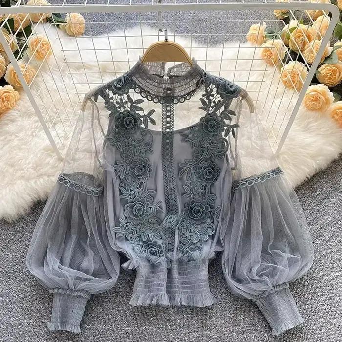 Chemisier à manches bouffantes en dentelle vintage pour femmes, style bureau dame, élégant pour toutes les occasions spéciales