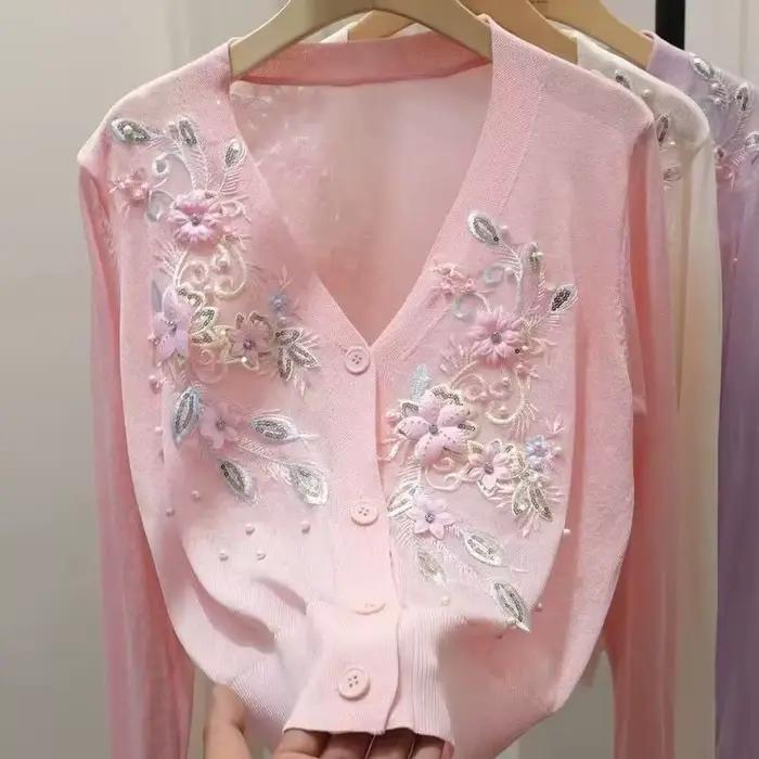 Cardigan féminin printemps été brodé perles viscosé pour femmes occasions spéciales high street
