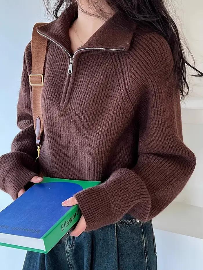 Pull-over Femme Automne Hiver 2026 Nouveau Modèle Court Ample avec Fermeture Éclair et Doublure