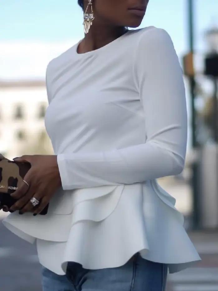 Yeezzi femmes couches à volants ourlet col rond hauts blancs 2025 nouveau manches longues couleur unie élégant décontracté Peplum pull
