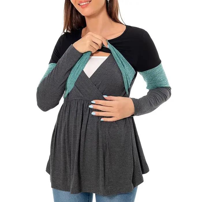 T-shirt de maternité en rayonne à manches longues patchwork pour femmes enceintes fonction d'allaitement élégant pour grossesse hauts occassions spéciales