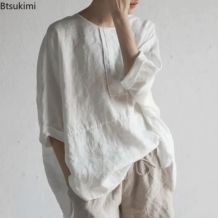 Été nouveau coton lin lâche T-shirts décontractés pour les femmes Simple col rond solide hauts pullover