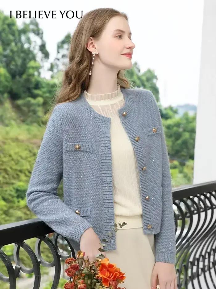 Pull cardigan I Believe You en tweed, style vintage, col rond, confortable et chic pour femmes, automne et hiver