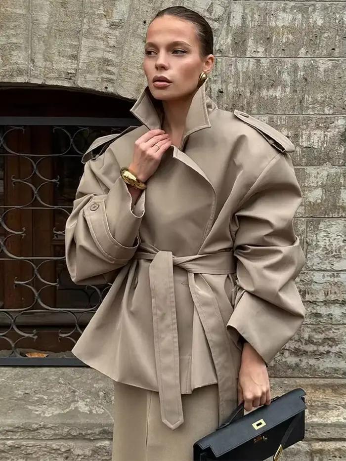 Dame couleur unie à lacets veste élégant Chic à manches longues revers bouton manteau ample automne Style de rue