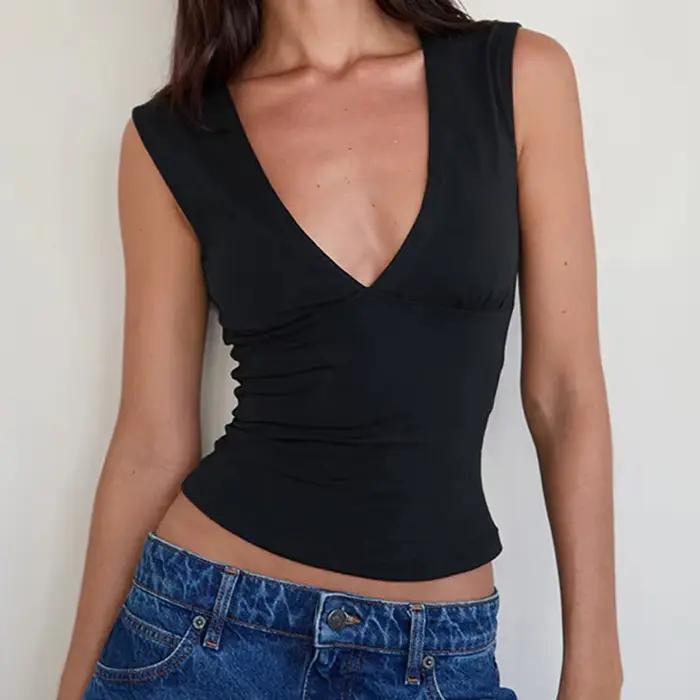 Débardeur court moulant uni pour femme style coquette décontracté décolleté en V profonde tendance estivale sorties