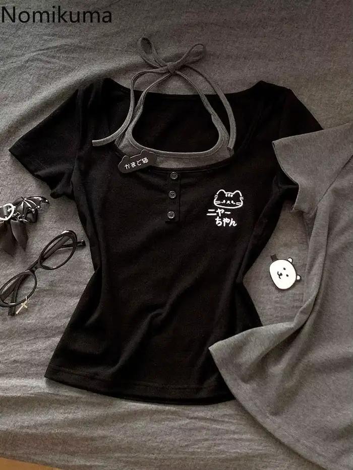 T-shirt Nomikuma imprimé dessin animé pour femmes, manches courtes, coton-polyester, bandage décoratif, confortable et léger pour occasions estivales
