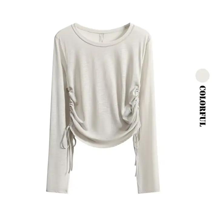 DRUR élégant mince dessus de Yoga pour les femmes avec dos ouvert froncé côté danse Ballet chemise décontracté à manches longues haut pour les voyages de rue