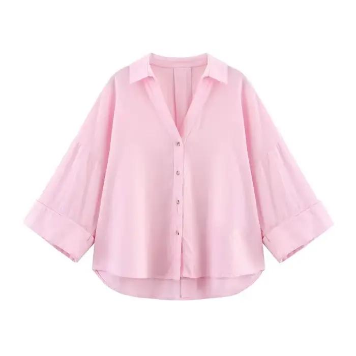 Chemise MUJER décontractée en polyester rayé pour femmes, ample, décontractée, col rabattu, polyester, ajustement lâche, boutons simples, pour plage et événements estivaux