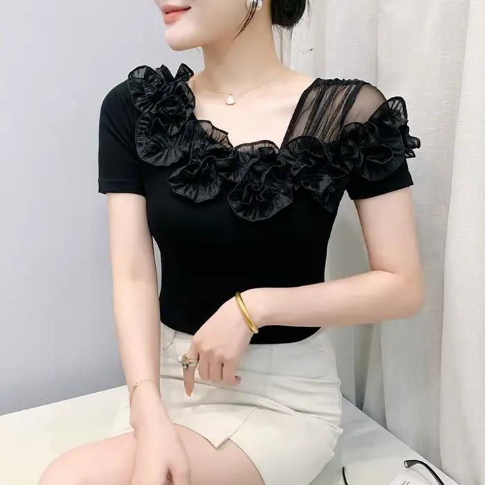 T-shirt d'été féerique en coton et élasthanne avec décolleté asymétrique et volants pour femme style fairycore occasions estivales