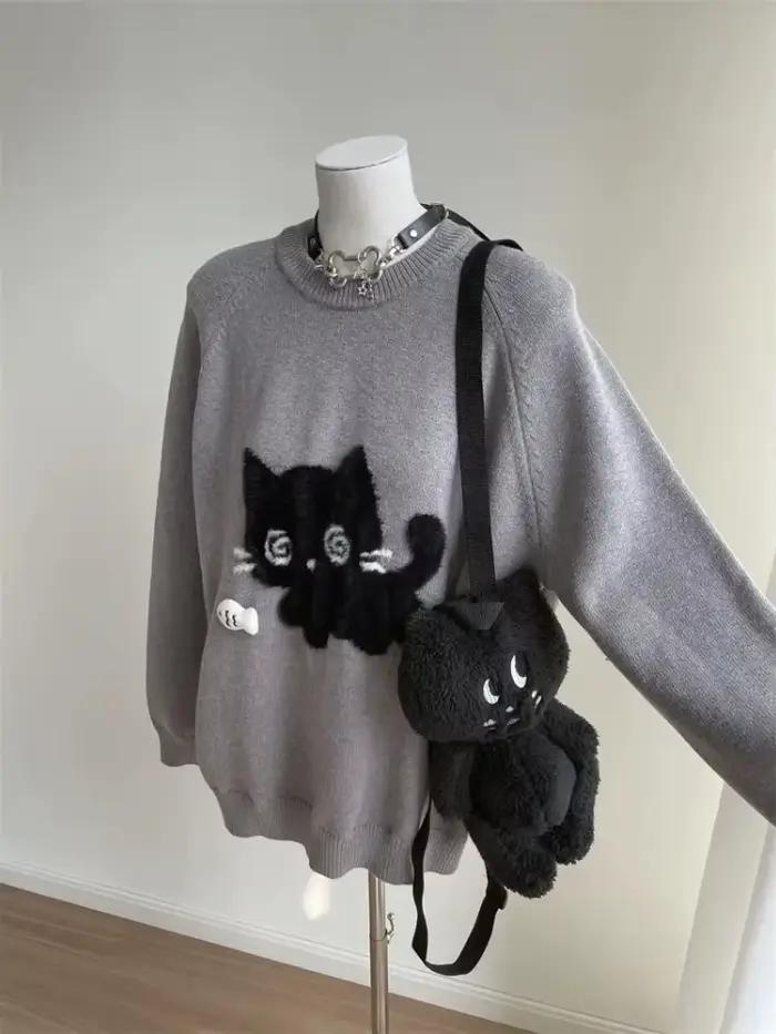 Pull en tricot gris Miss Tough à col rond design Harajuku pour femmes automne hiver 2024