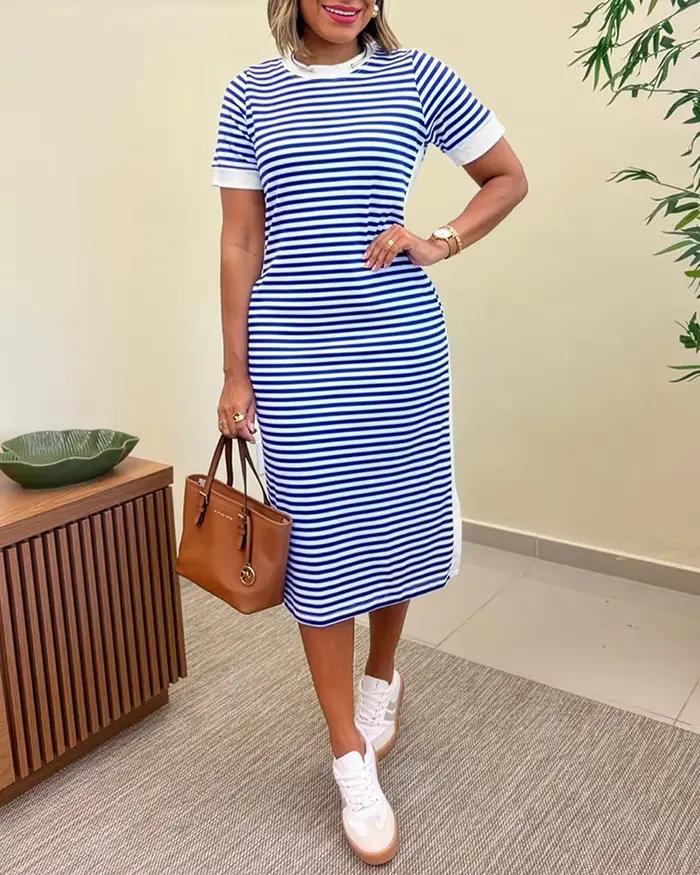 Robe t-shirt mi-longue rayée color-block pour femme décontractée avec taille cintrée et fente latérale ocassions spéciales femmes adultes mode printemps été polyester tricoté