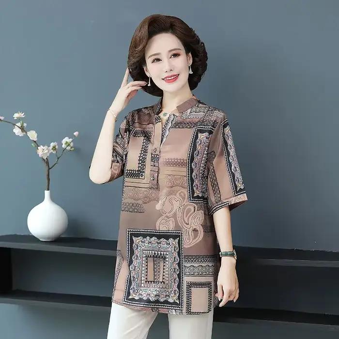 Chemisier tunique imprimé léger et élégant pour femmes d'âge moyen style décontracté pour été occasions spéciales et tous les jours