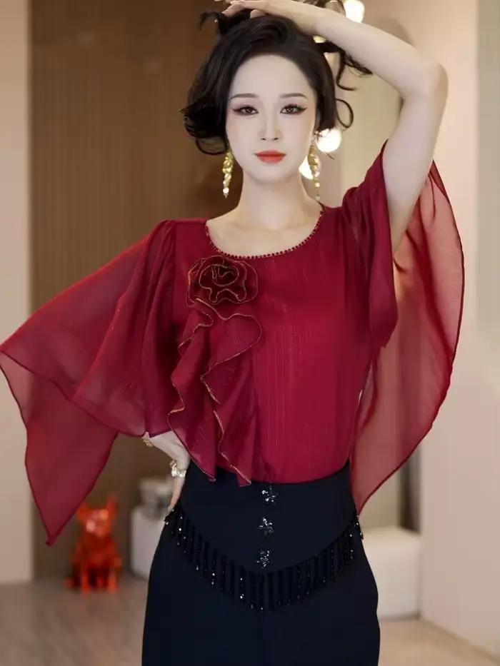 2025 nouvelle chemise en mousseline de soie à sept manches femmes été