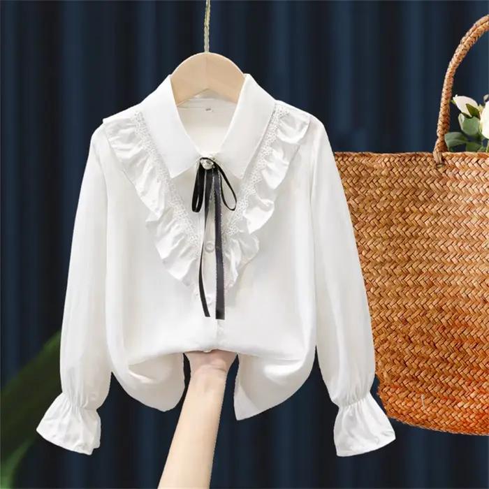 Chemisier en dentelle de polyester pour filles, chemise blanche avec manches longues pour enfants, style mode, couleurs variées, pour occasions spéciales et quotidienne ```