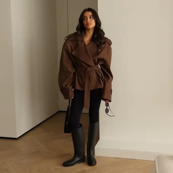 F nouvelle mode à lacets recadrée Trench Coat femmes revers manches longues large épaule coupe-vent veste automne déplacements quotidiens vestes