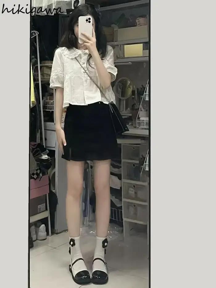 Doux femmes chemises mode blanc culture hauts dentelle col claudine à manches courtes lâche été Blouses 2025 Blusas Mujer De Moda