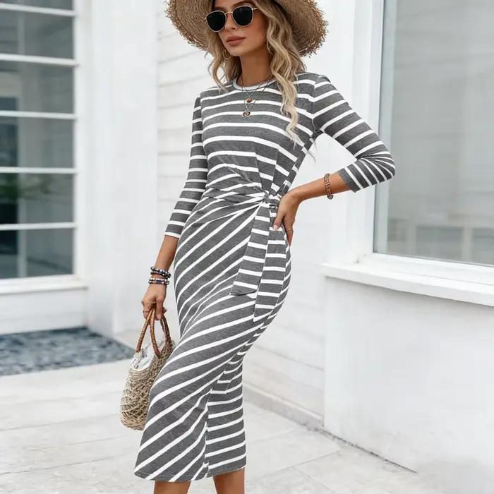 Nouvelle Robe Tunique Femme Américaine et Européenne 2026 - Imprimé Rayé Col Rond à Lacets Coupe Ample Flatteuse
