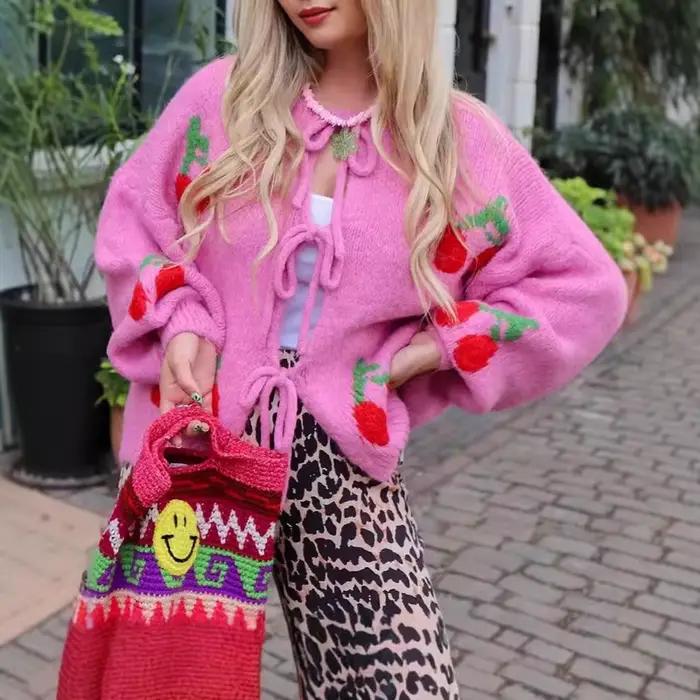 Veste Cardigan Cerise Tendance Printemps-Automne Femme Coupe Ample Style Streetwear Occasions Spéciales