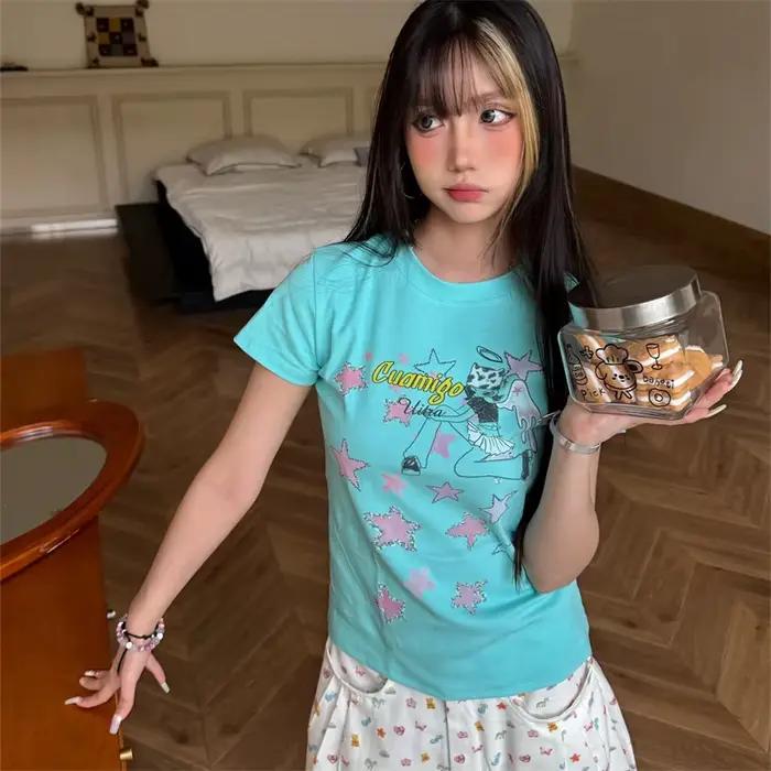 LOTDOOTN Y2K Kawaii t-shirt 2000s été vêtements décontractés Harajuku Streetwear doux mignon haut Femme belle fille