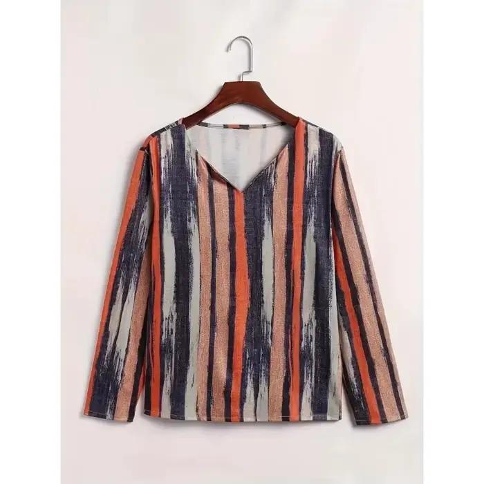 Femmes grande taille 1XL-8XL décontracté confortable à manches longues haut mode col en v rayé respirant T-shirt