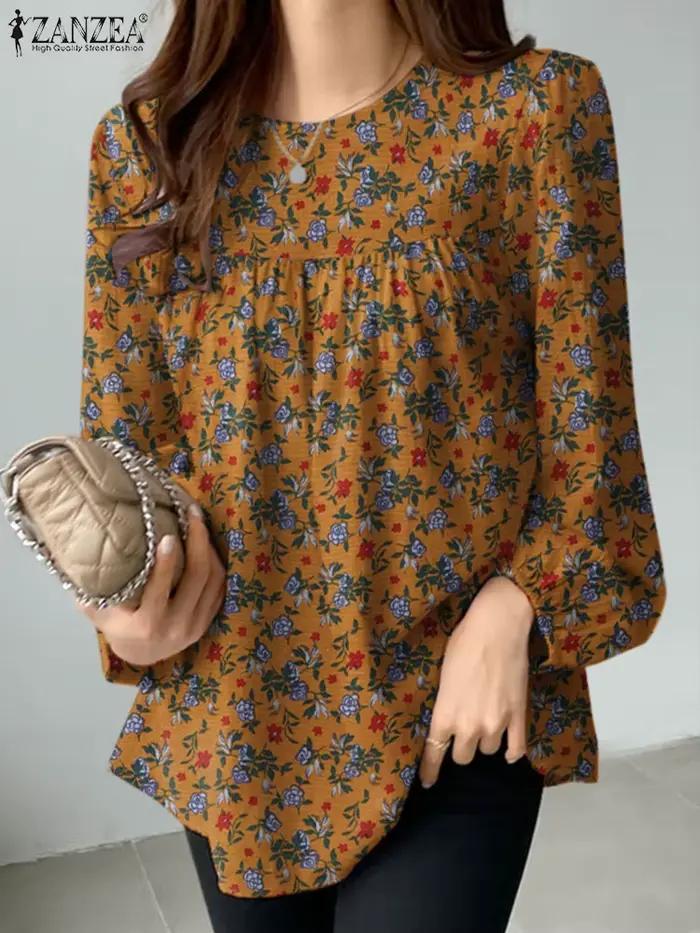 Chemise de travail décontractée en coton imprimée fleuri pour femmes, blouse bohème vintage à manches longues pour les occasions spéciales