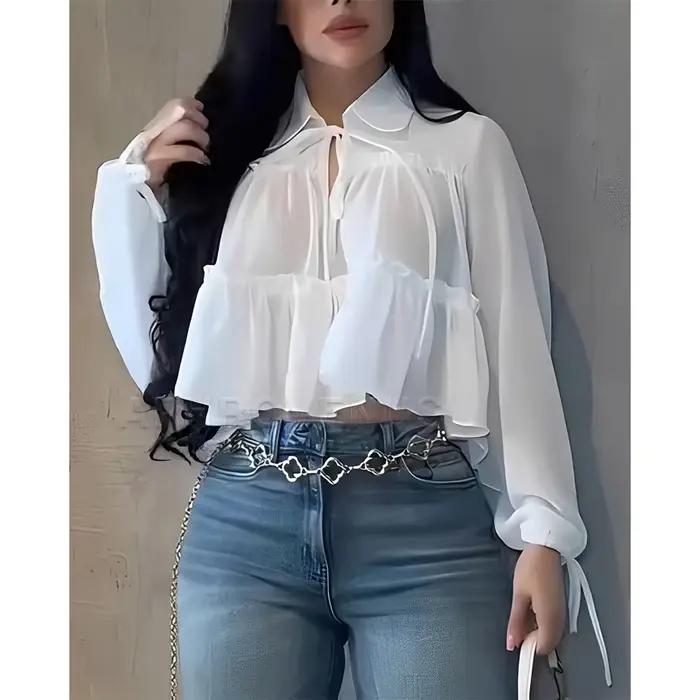 Chemise fluide en mousseline de soie pour femmes manches longues à volants coupe ample haut quotidien printemps automne décontracté