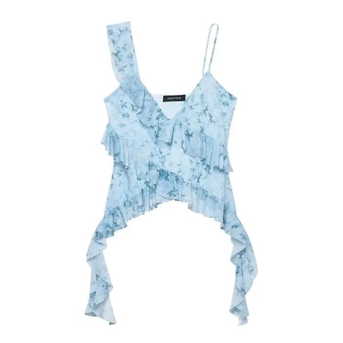 MUJER imprimé à volants Tulle haut femmes léopard dos nu hauts femme 2025 été Camisole
