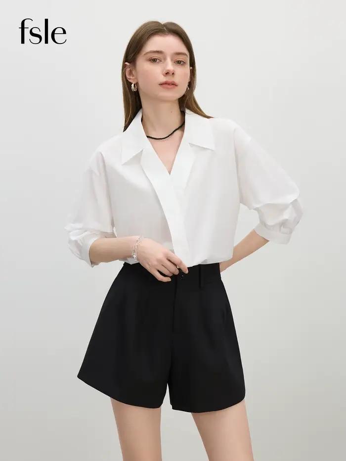 FSLE Style français chemise élégante manches cinq-quarts haut tendance pour les femmes 2025 été nouveau col en v polyvalent décontracté hauts 25FS12536