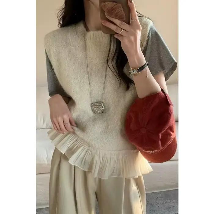 Gilet en tricot sans manches femme avec dentelle à volants et empiècements coupe ample style preppy pour toutes saisons occasions spéciales