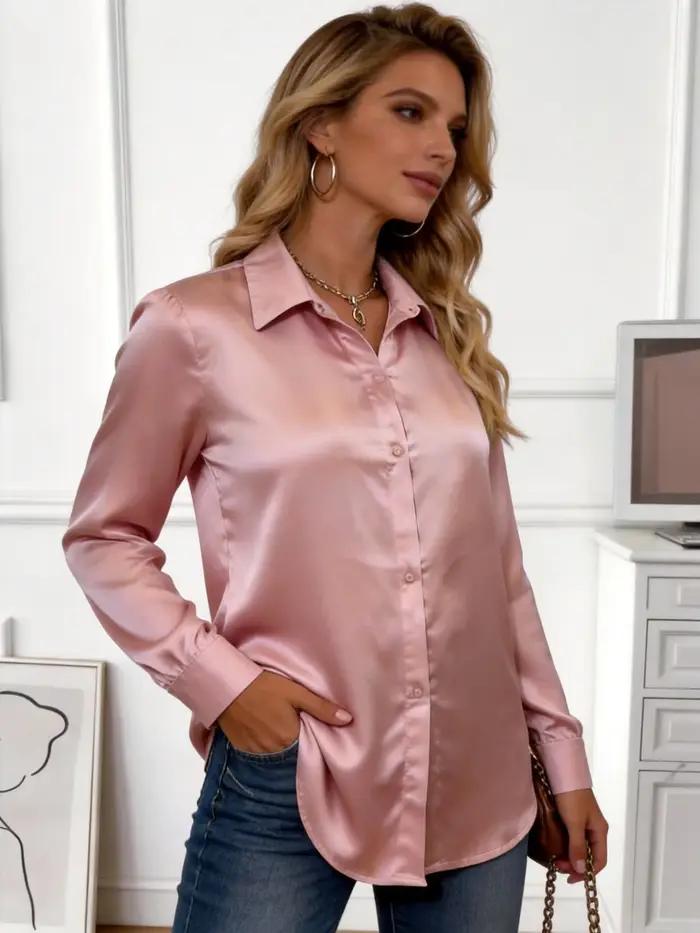 Chemisier en satin rose de style européen pour femme - Manches longues