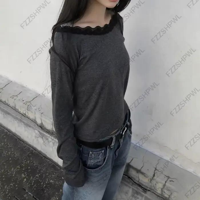Dentelle esthétique imprimé graphique décontracté gothique Y2k haut à manches longues filles épicées Hip Hop