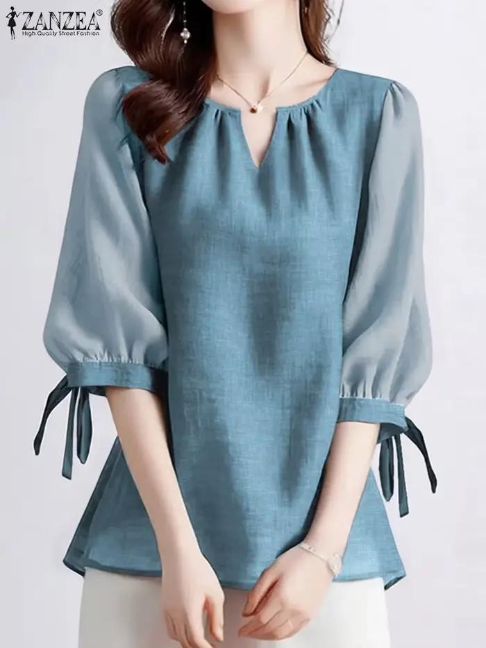 ZANZEA mode Blouse 3/4 manches bouffantes couleur Patchwork hauts femmes automne élégant col en v chemises décontractées 2025 Vintage coréen Blusas