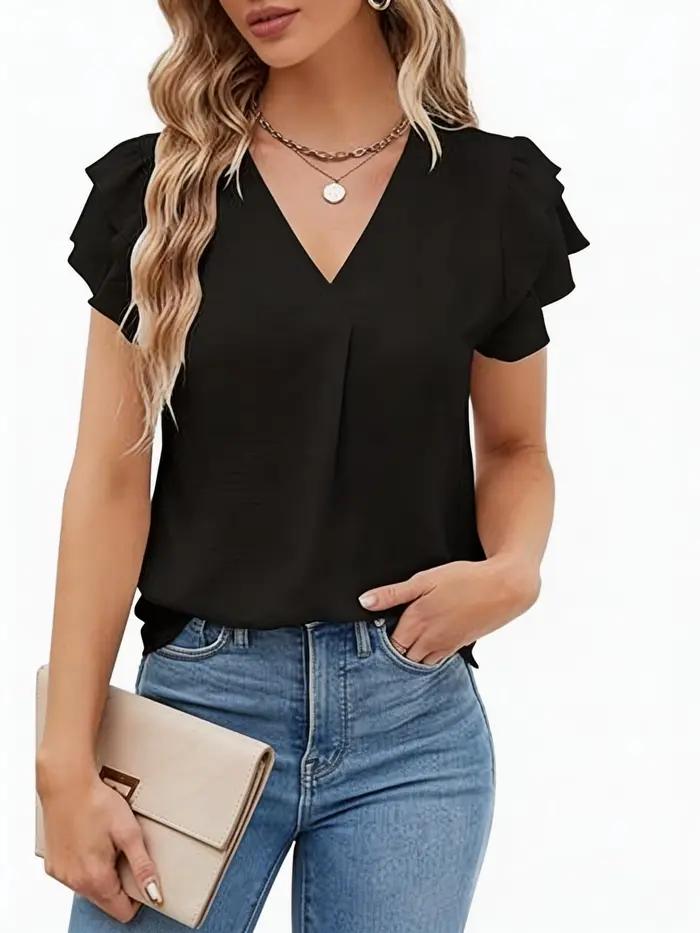 Chemise décontractée en polyester froissé avec col en V et manches à volants pour femmes occasions estivales et décontractées