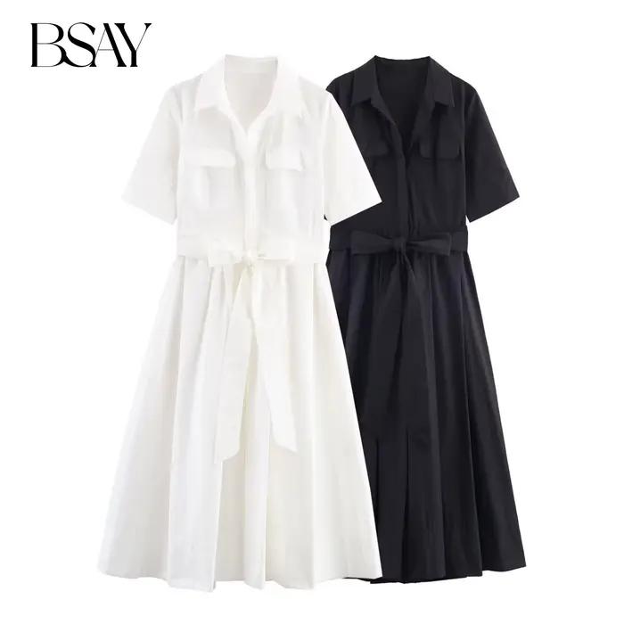 BSAY dame popeline blanche grande chemise robe ceinture vêtements pour femmes 2025 automne nouveau chic femme longue française élégante soirée mujer