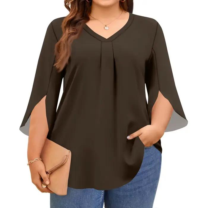 Grande taille hauts pour femmes col en v manches 3/4 couleur unie petit haut élégant pétale